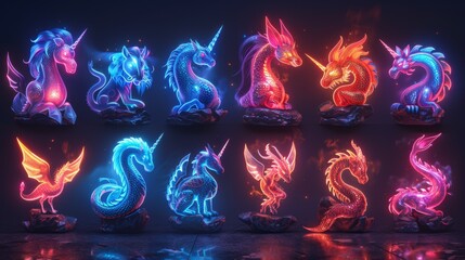 Poster - devise a neon set of mythical creature symbols, including illuminated