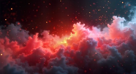 Poster - Dynamic abstract image of vibrant particle clouds. Red, orange clouds mix with white. Red light moves through swirling forms. Abstract dynamic design. Futuristic tech art. Motion graphics background.
