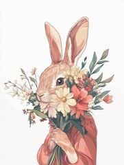 Poster - Cuddly rabbit holding a colorful bouquet of flowers with ample space for text and customization options. Generative AI