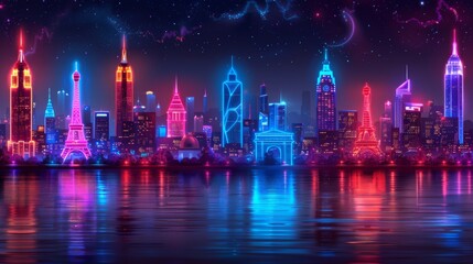 Poster - design a series of neon destination symbols, such as illuminated