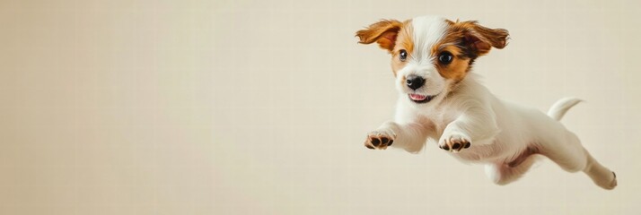 Poster - Joyful puppy leaps mid air, showcasing energy and playfulness with plenty of space for creative text placement. Generative AI