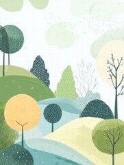 Poster - Explore a vibrant naive art style landscape with colorful trees and serene hills inviting creative expression and imagination. Generative AI