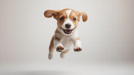 Poster - Joyful puppy leaps happily in mid air against a simple background perfect for adding custom text. Generative AI