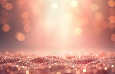 Rose gold glitter background with soft bokeh. Abstract design. Elegant shiny texture. Perfect backdrop for celebration decoration. Romantic festive theme. Luxury look. Suitable for party invitation