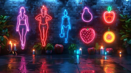 Poster - craft a series of fitness symbols in neon, including glowing