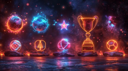 Poster - Devise a neon set of sports celebration symbols, including shining