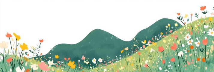 Aufkleber - Doodle of vibrant mountain slopes surrounded by colorful wildflowers and ample space for creative text placement. Generative AI