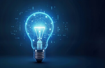 Poster - Futuristic light bulb glows blue. AI-generated image. Network of lines, dots create digital illustration. Tech innovation concept. Abstract design. Modern graphic style. Idea of energy, connection.