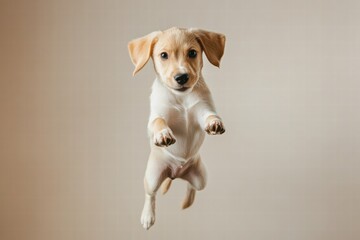 Poster - Joyful puppy gracefully leaps in mid air with ample space for creative text and designs. Generative AI