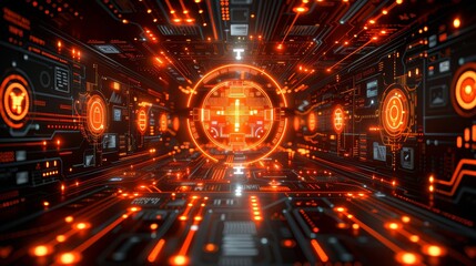 Poster - Futuristic digital corridor with neon orange lights and circuit patterns