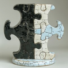 Poster - A distinctive sculpture shaped like a puzzle piece, combining black, white, and light blue colors. The artwork showcases cracked paint for a vintage effect, perfect for home decor.