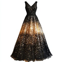 Elegant black evening dress with shimmering sequins, isolated on white background.