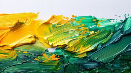 Poster - Vivid, dynamic strokes of yellow and green blend together on canvas, evoking the essence of a lush landscape. The texture invites viewers to appreciate the artistic expression and creativity.