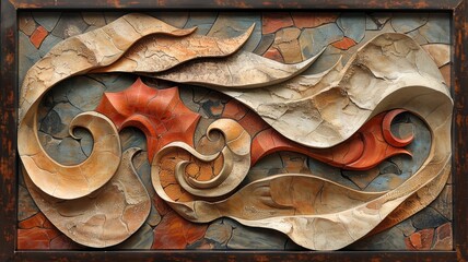 Poster - This artwork showcases a dynamic arrangement of flowing shapes and textures, harmoniously blending earth tones with vibrant accents. The intricate design adds depth to any interior setting.
