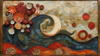 Poster - This vibrant artwork features textured waves intertwined with floral elements, showcasing rich colors like red, orange, and turquoise. The design evokes a sense of fluidity and nature.
