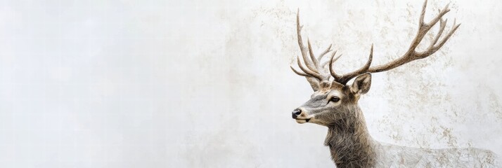 Aufkleber - Elegant deer with branching antlers stands gracefully in an open space with a soft neutral background. Generative AI