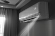© Dipsky - A sleek air conditioning unit mounted on the wall is actively cooling the room, displaying a temperature of 29 degrees Celsius. Sunlight filters through the curtains, enhancing the calm atmosphere.