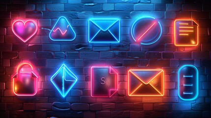 Poster - Devise a neon set of office productivity symbols, including illuminated