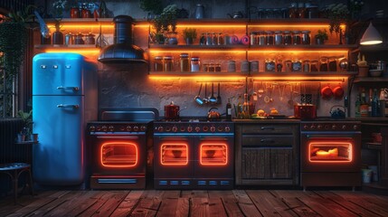 Produce a neon set of kitchen symbols, including shimmering stoves