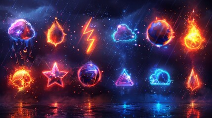 Poster - Design a series of neon meteorological symbols, including illuminated lightning