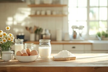 Aufkleber - Ingredients for baking on a wooden kitchen counter with vibrant flowers and ample copy space for text. Generative AI