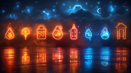 Poster - Design a collection of neon weather safety symbols, including shining