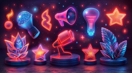 Poster - Create a collection of neon leadership symbols, including illuminated podiums