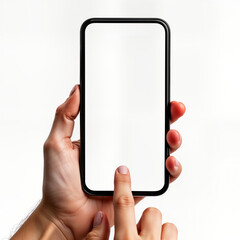 Poster - Hand holds blank smartphone screen. Finger taps on empty display. White background isolates device. Modern tech mockup. Blank screen app potential. Person uses gadget. Demonstration of mobile phone