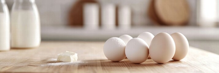 Poster - Cooking ingredients including eggs, milk, flour, and butter on a wooden kitchen counter with space for text. Generative AI