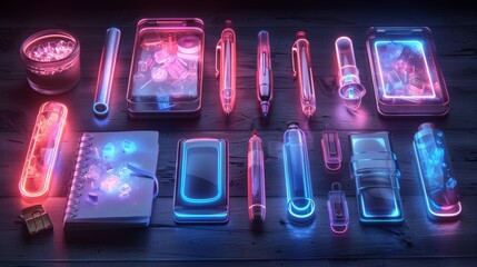 Poster - Produce a neon set of office supplies symbols, including shimmering