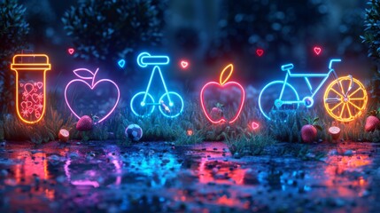 Poster - craft a series of fitness symbols in neon, including glowing