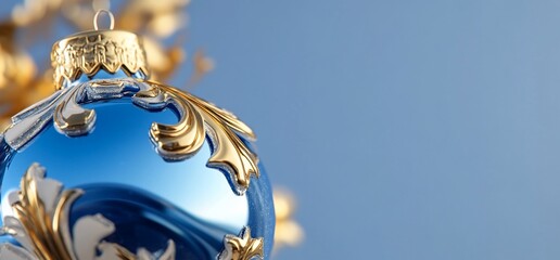 Wall Mural - A decorative blue and gold Christmas ornament against a soft background.