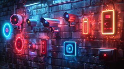 Poster - produce a neon set of security system symbols, including shimmering