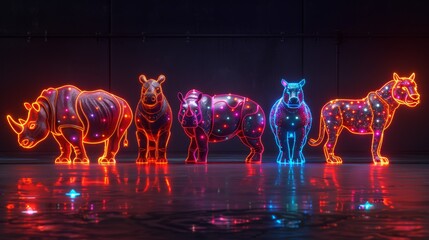 Poster - produce a neon set of safari animal symbols, including shimmering