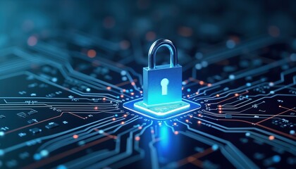 Poster - Advanced endpoint security solution. Illustration shows secure lock on circuit board. Cyber defense mechanisms protect against online threats. Protecting data in cyberspace. Advanced tech for safe