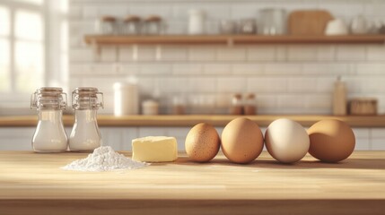 Aufkleber - Ingredients arranged on a wooden kitchen counter with space for text and soft natural light. Generative AI