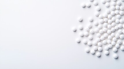 Minimalist composition of white round pills in a neat, balanced layout on a white background, high-resolution, ideal for healthcare marketing