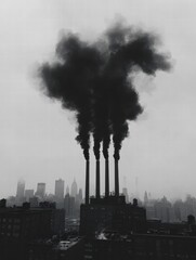 Poster - Industrial chimneys release thick black smoke into overcast sky in urban landscape during daytime hours. Generative AI