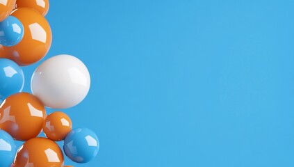 Poster - Colorful spheres in orange, blue, and white against a bright background.