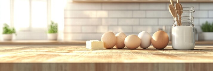 Fototapete - Ingredients arranged on a wooden kitchen counter for baking with space for text and design elements. Generative AI