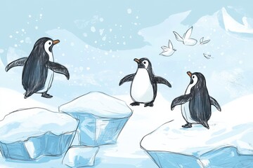 Poster - Playful penguins on floating icebergs enjoying a winter day in a snowy landscape with plenty of space for text. Generative AI