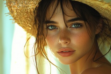 Wall Mural - Portrait of a woman with freckles and striking blue eyes wearing a straw hat by natural light indoors