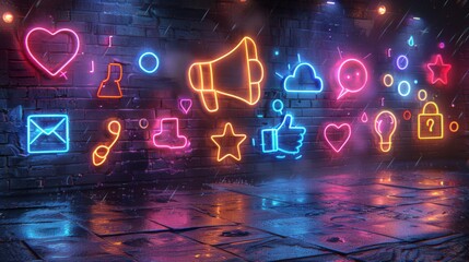 Wall Mural - Curate a neon series of marketing symbols, including shimmering megaphones