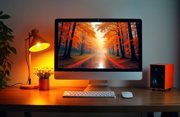 Poster - Empty office desk with computer, tech equipment. Modern workplace setup. Autumn scenery displayed on monitor. Warm lighting. Desk lamps, speakers visible. Cozy tech space. Simple interior design.
