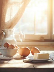 Poster - Eggs, milk, flour, and butter arranged on a wooden kitchen counter with sunlight pouring through the window. Generative AI