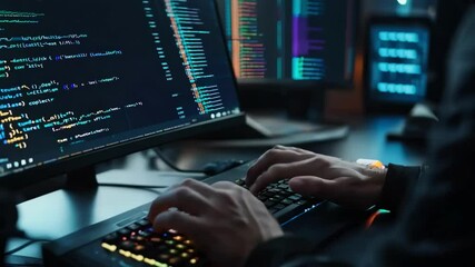 Closeup of Hands Typing Code on Keyboard in Front of Programming Interface