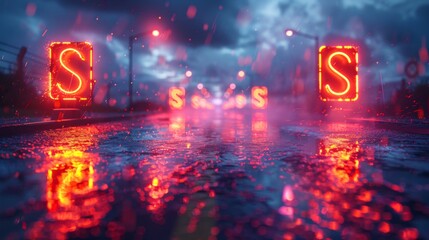 Wall Mural - Develop a collection of neon road closure symbols, including shimmering