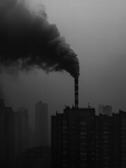 Aufkleber - Industrial chimneys release thick black smoke into a gloomy sky over a cityscape at dusk. Generative AI