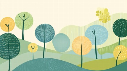 Aufkleber - Colorful naive art style landscape with trees and hills inviting creative text placement. Generative AI