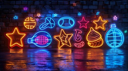 Poster - Craft a series of neon sports outreach symbols, including shining